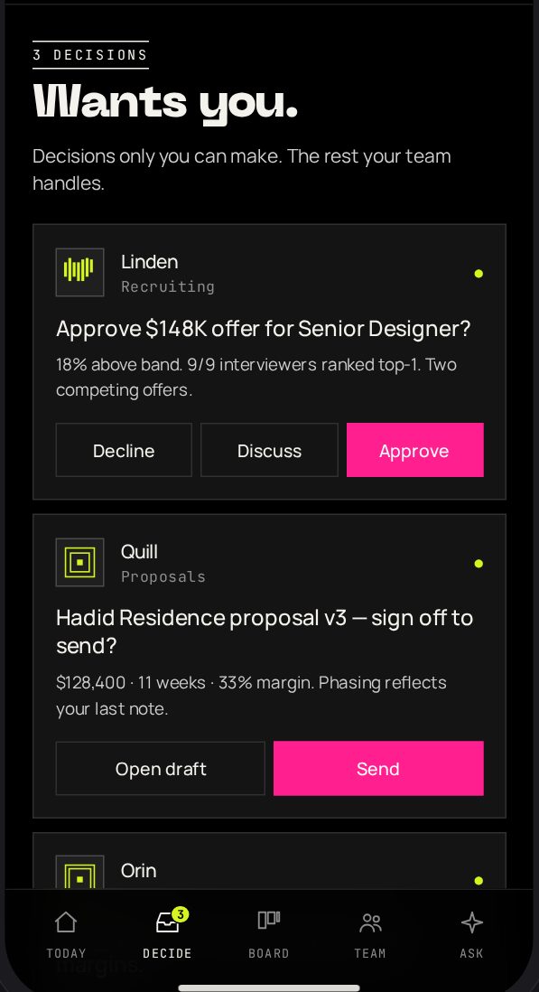 blankcollar.ai mobile, Decide: full-bleed decision cards to approve, discuss or decline.