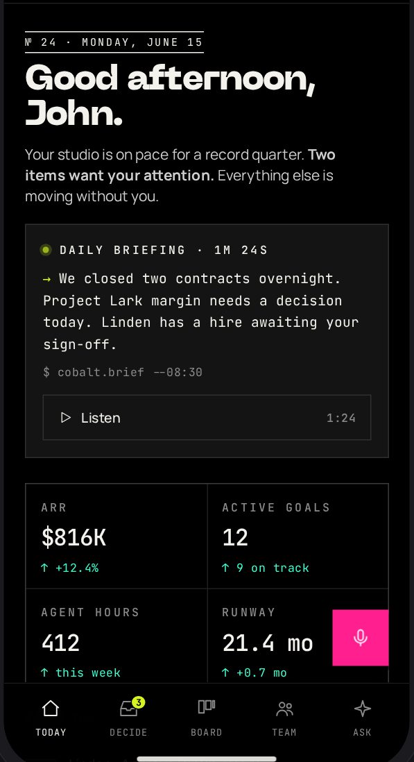 blankcollar.ai mobile, Today: an editorial daily brief you can listen to, with your key stats.